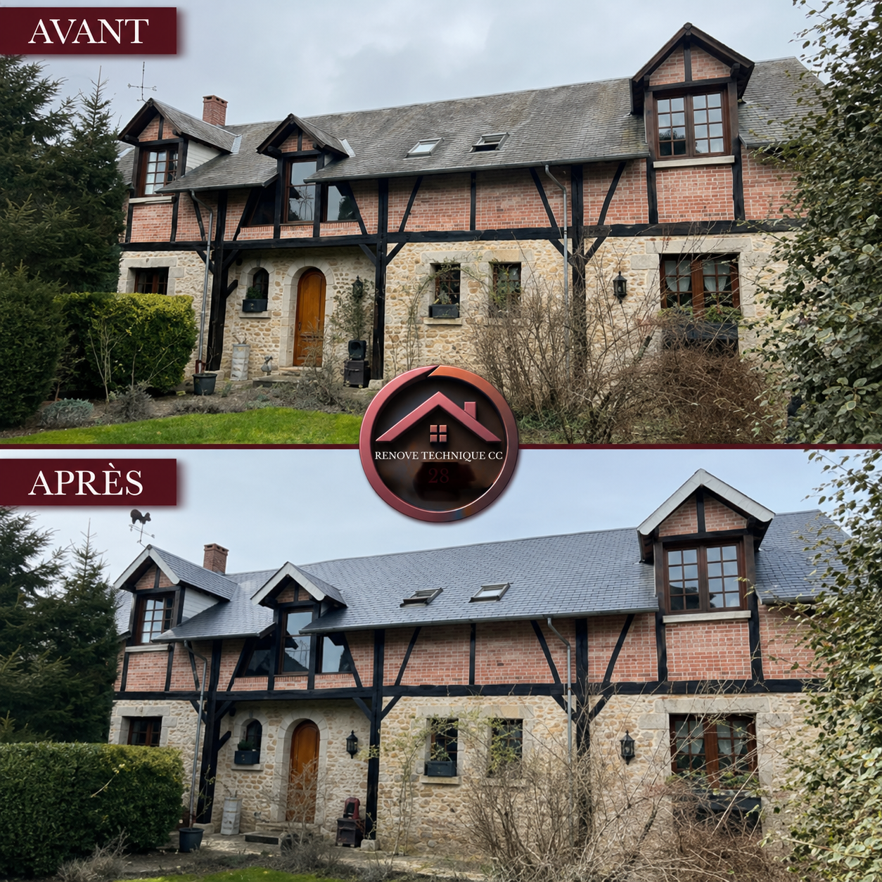 Grande toiture en ardoise avant et après rénovation par Rénove Technique CC